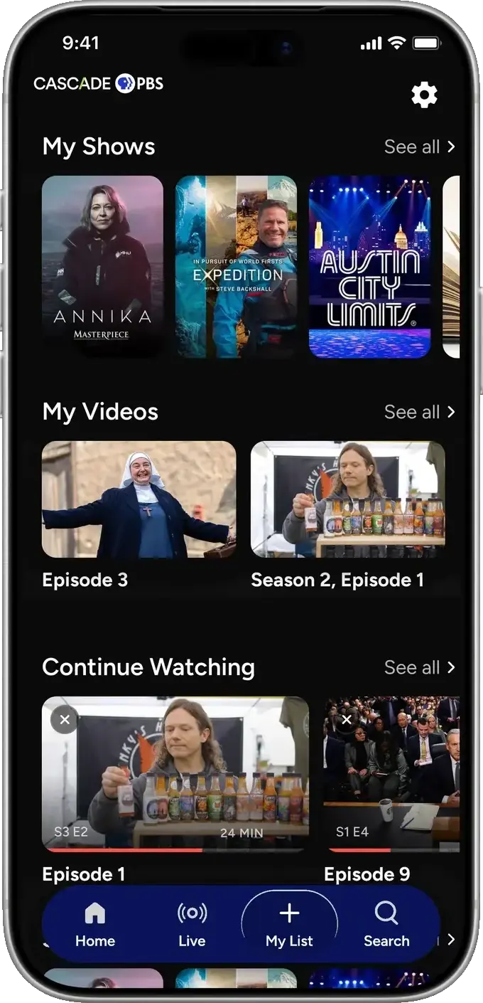 Cascade PBS app My List on a phone Cascade PBS app My List on a phone