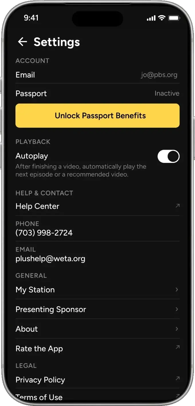 WETA+ app redesigned Settings on a phone