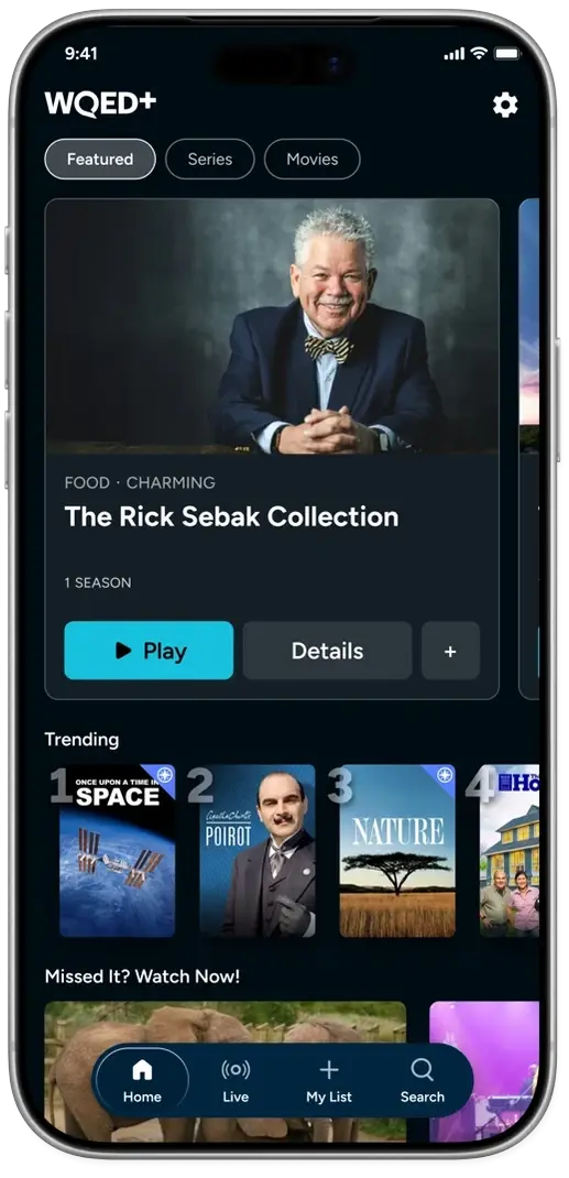WQED+ app home screen on a phone