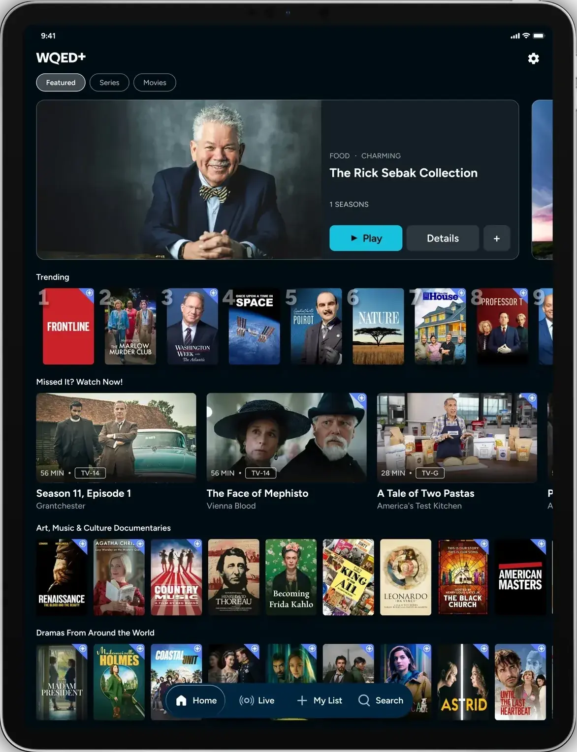 WQED+ app home screen on an iPad