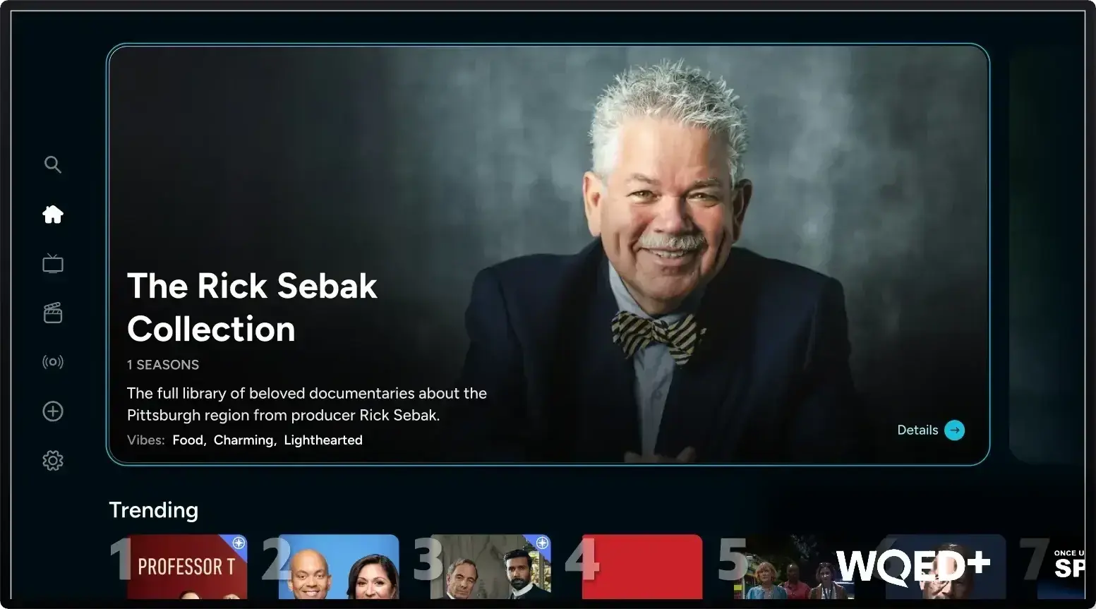 WQED+ app home screen on a TV