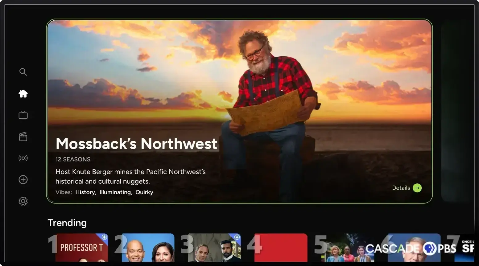 Cascade PBS app home screen on a TV