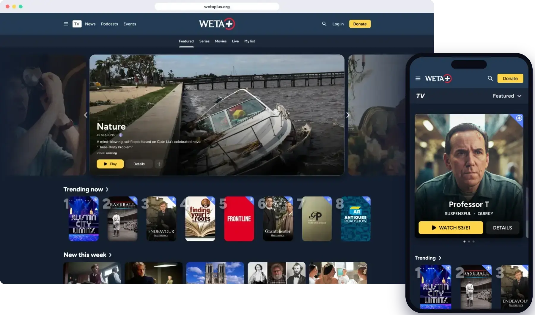 WETA+ streaming website on a desktop browser and on a phone